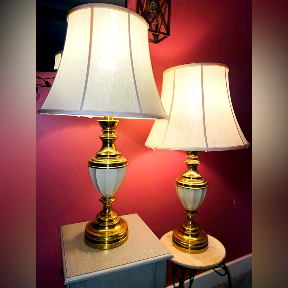 - Vintage solid porcelain and brass lamp set made by Stiffel.